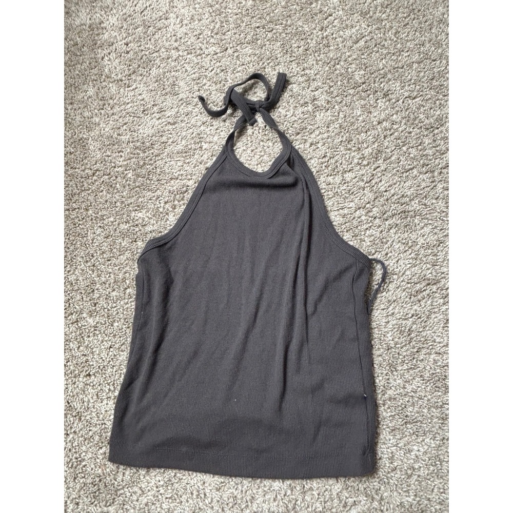 American Eagle Gray Ribbed Halter Tank Top Size Medium Charcoal Tie Neck
